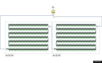 Schematic drawing showing two sheets of A4-size Printable BPV in series to power a 1V LED
